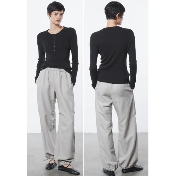 Enza Costa Flight Twill Elastic Waist Drawstring Wide Leg Cargo Pants Gray M